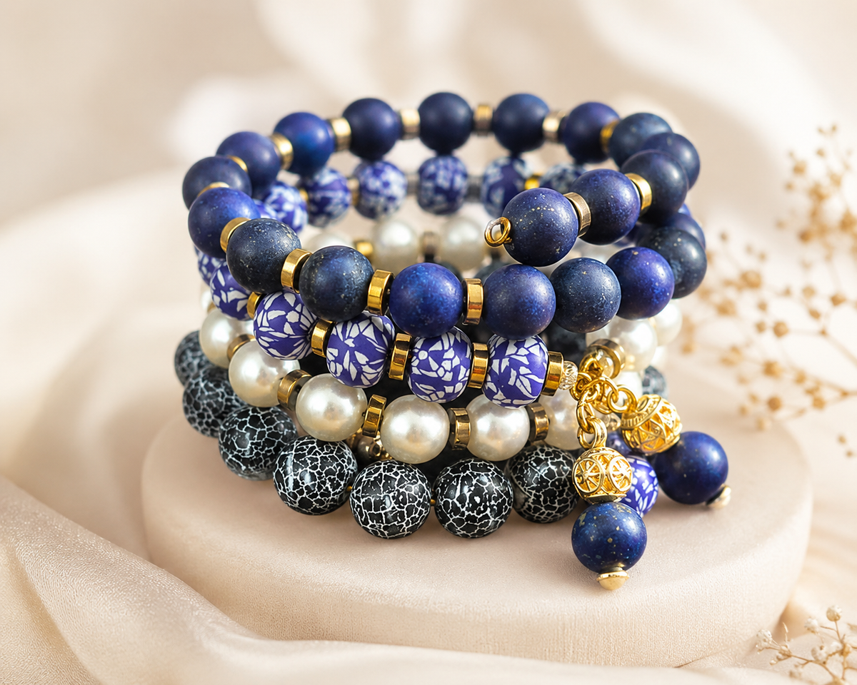 Handcrafted five-layer luxury bracelet stack featuring matte lapis blue natural stones, porcelain-inspired beads, pearls, crackle agate, 18K gold spacers, and signature gold charm cluster by Zohara's Collection.