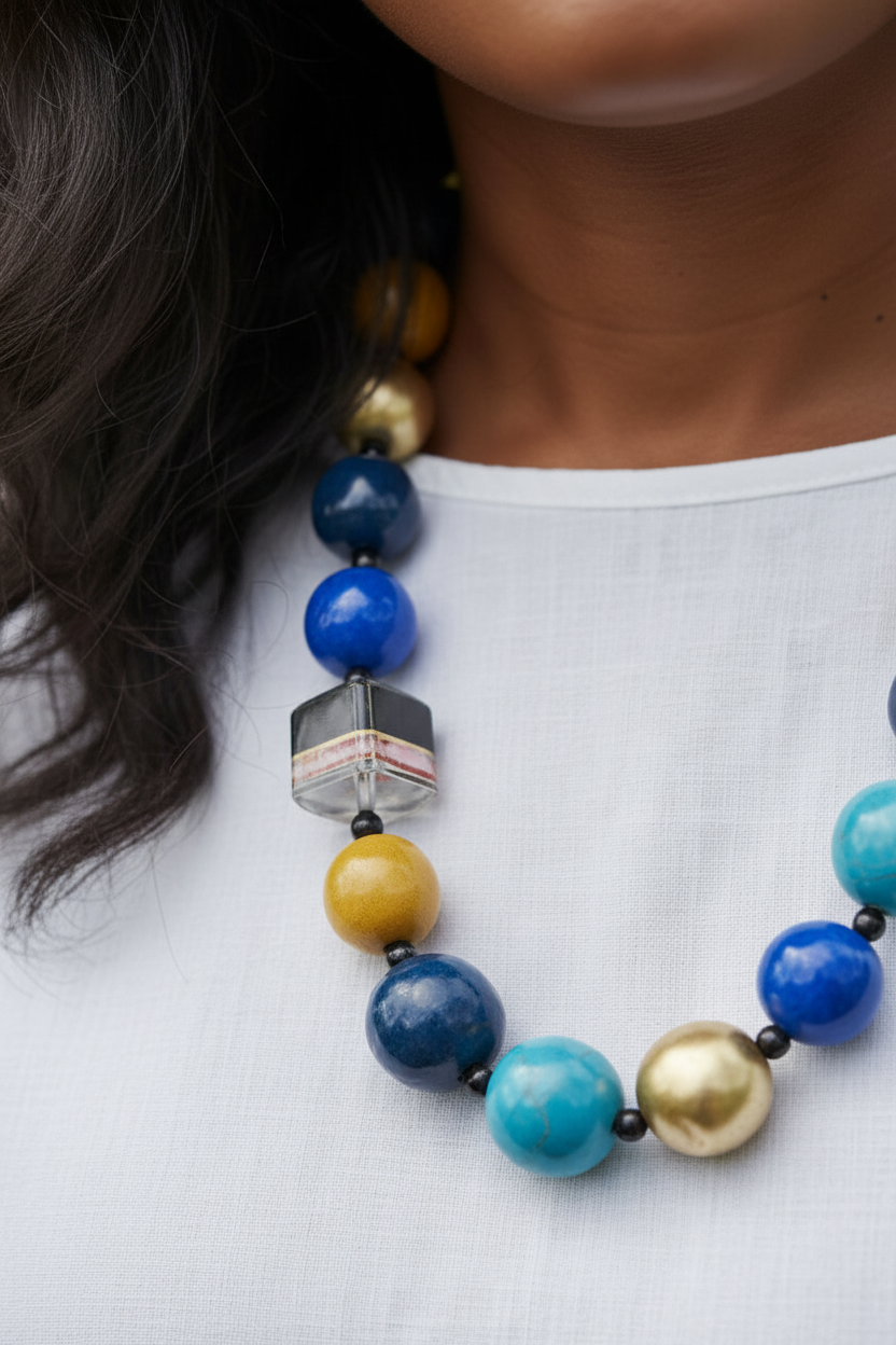 Cobalt Mosaic Statement Necklace, cobalt blue, mustard yellow, turquoise and pearl-tone beaded statement necklace with black spacers, striped accent bead and silver-tone adjustable clasp. ZoharasVogue 