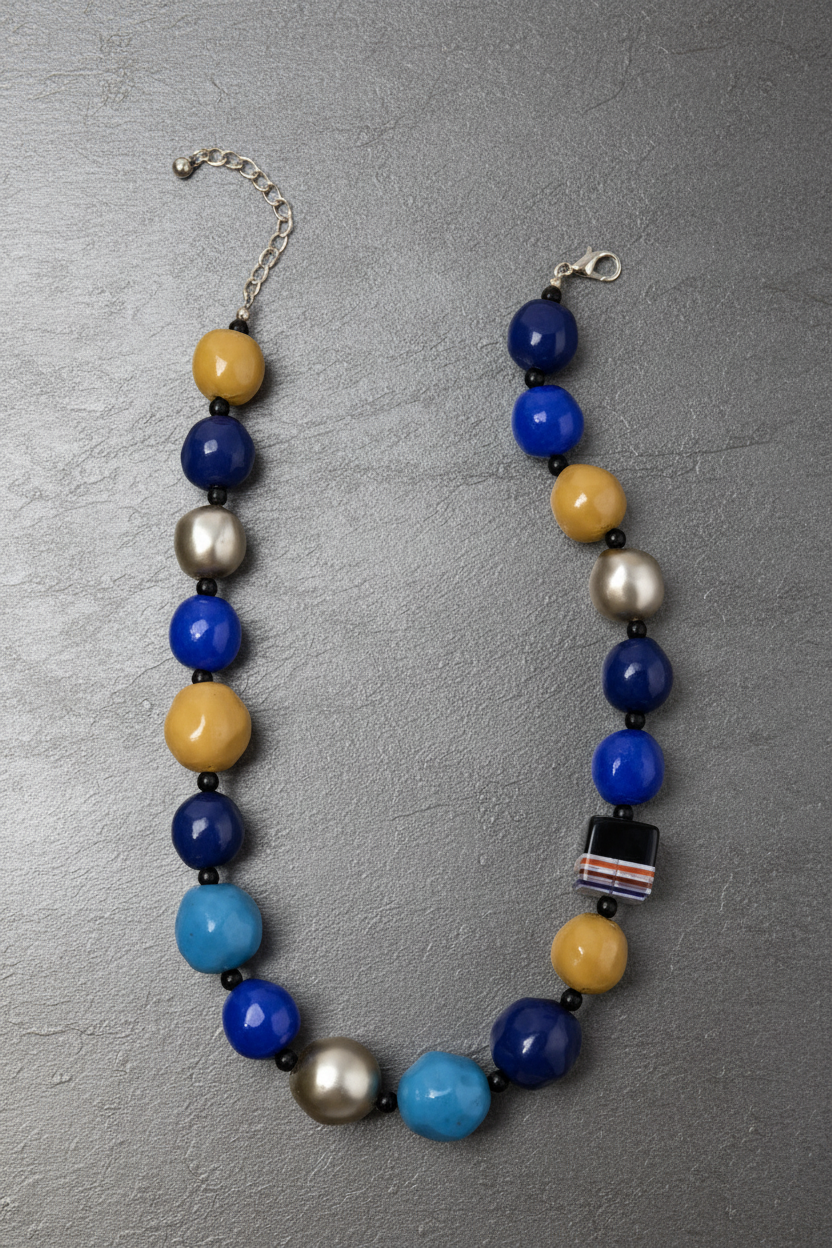 Cobalt Mosaic Statement Necklace, cobalt blue, mustard yellow, turquoise and pearl-tone beaded statement necklace with black spacers, striped accent bead and silver-tone adjustable clasp. ZoharasVogue 