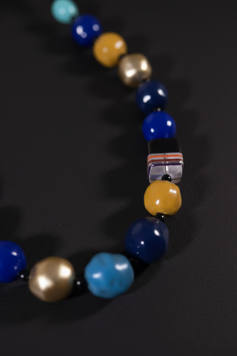 Cobalt Mosaic Statement Necklace, cobalt blue, mustard yellow, turquoise and pearl-tone beaded statement necklace with black spacers, striped accent bead and silver-tone adjustable clasp. ZoharasVogue 