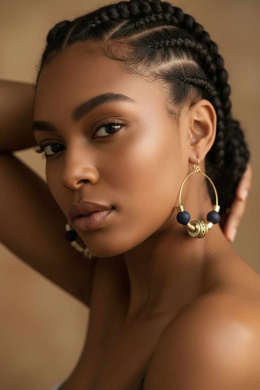 Gold wire hoop earrings with matte navy beads, ornate gold barrel bead, and gold spacer beads, shown on a textured neutral surface.