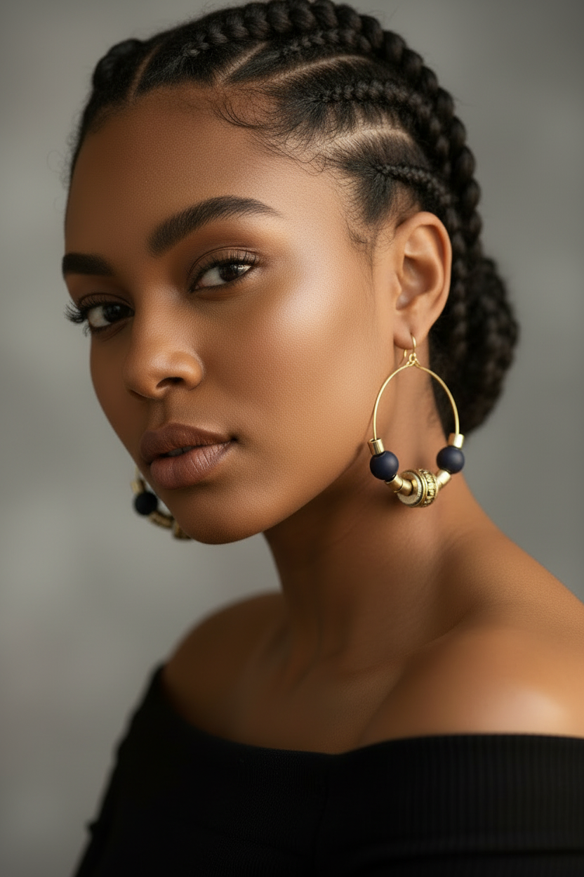 Gold wire hoop earrings with matte navy beads, ornate gold barrel bead, and gold spacer beads, shown on a textured neutral surface.