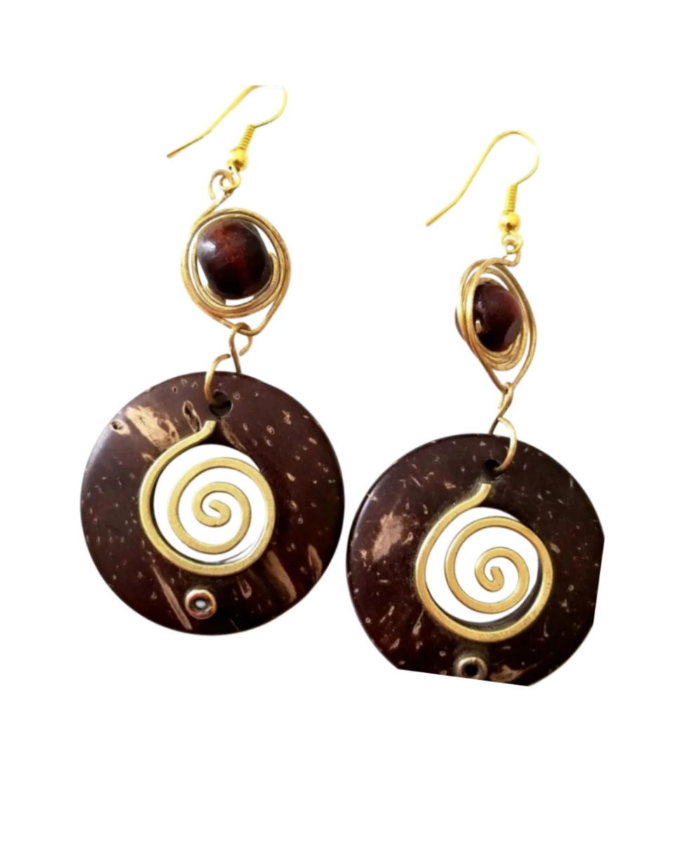 Coco Swirl Vibes Earrings Round coconut shell earrings with gold spiral center and amber bead accent, 3-inch drop, hook closure - ZoharasVogue 