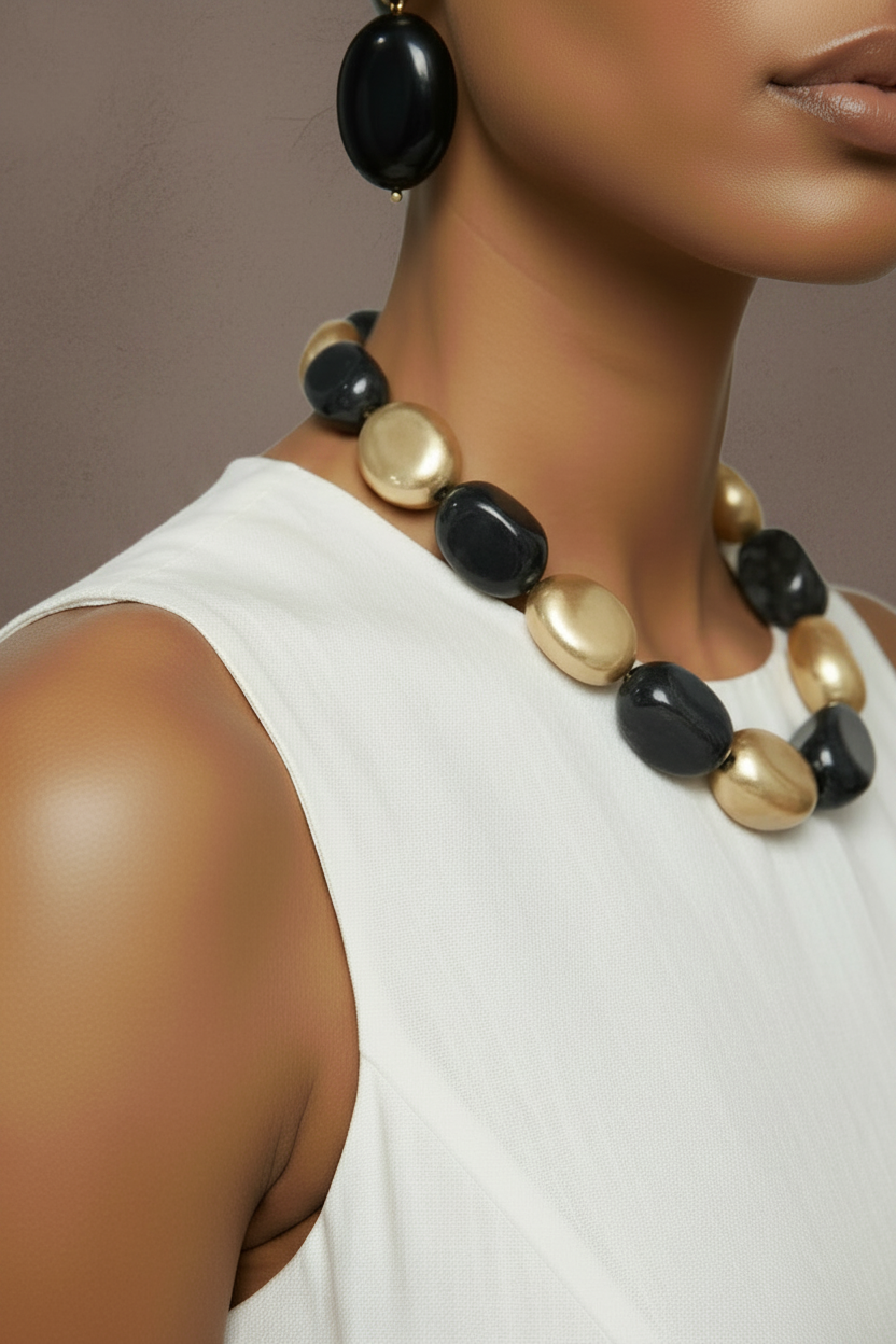 The Dior Statement Earrings, model wearing a chunky beaded necklace with alternating black and matte gold beads on a marble surface. ZoharasVogue