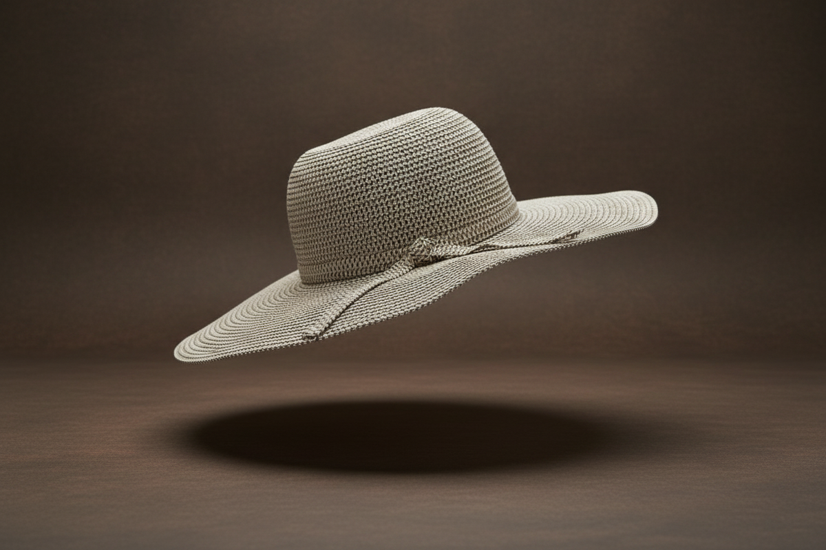 A studio display of the ZoharasVogue Ebony Straw Beach Hat, showcasing its solid black raffia weave, structured jazz crown, and dramatic 13cm wide brim.