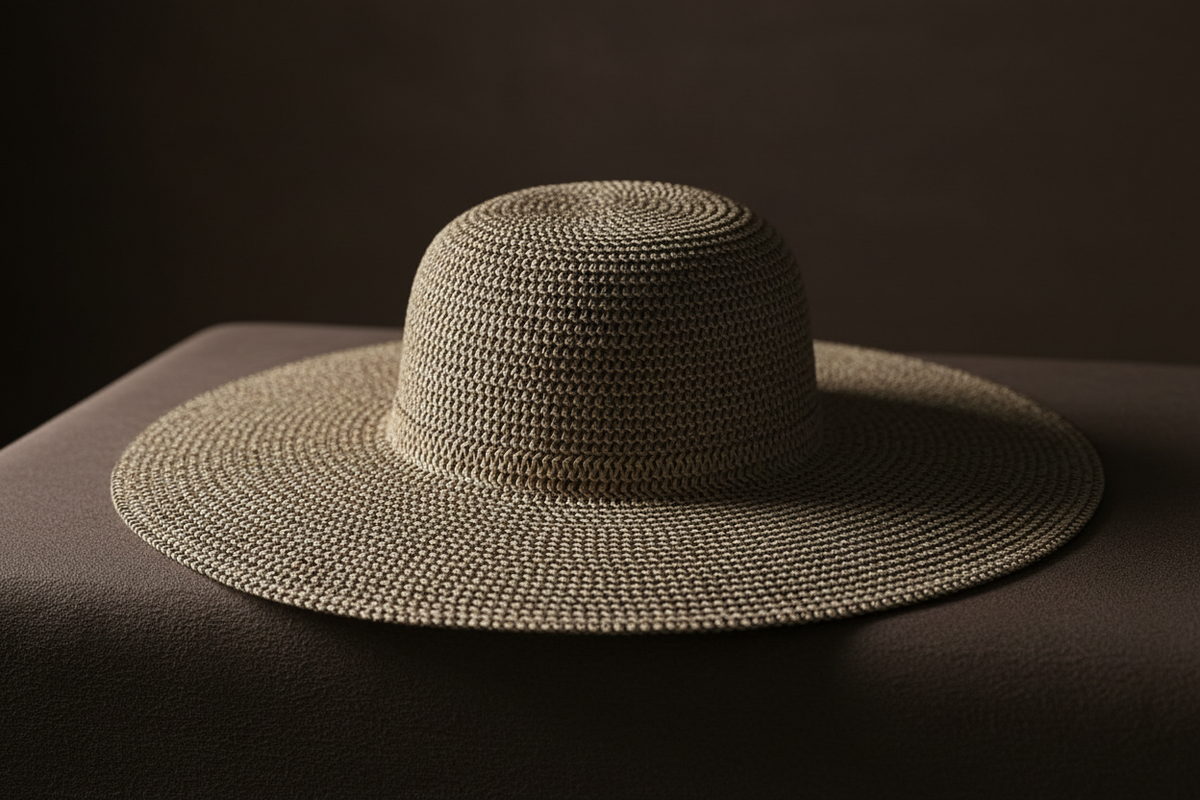 A studio display of the ZoharasVogue Ebony Straw Beach Hat, showcasing its solid black raffia weave, structured jazz crown, and dramatic 13cm wide brim.
