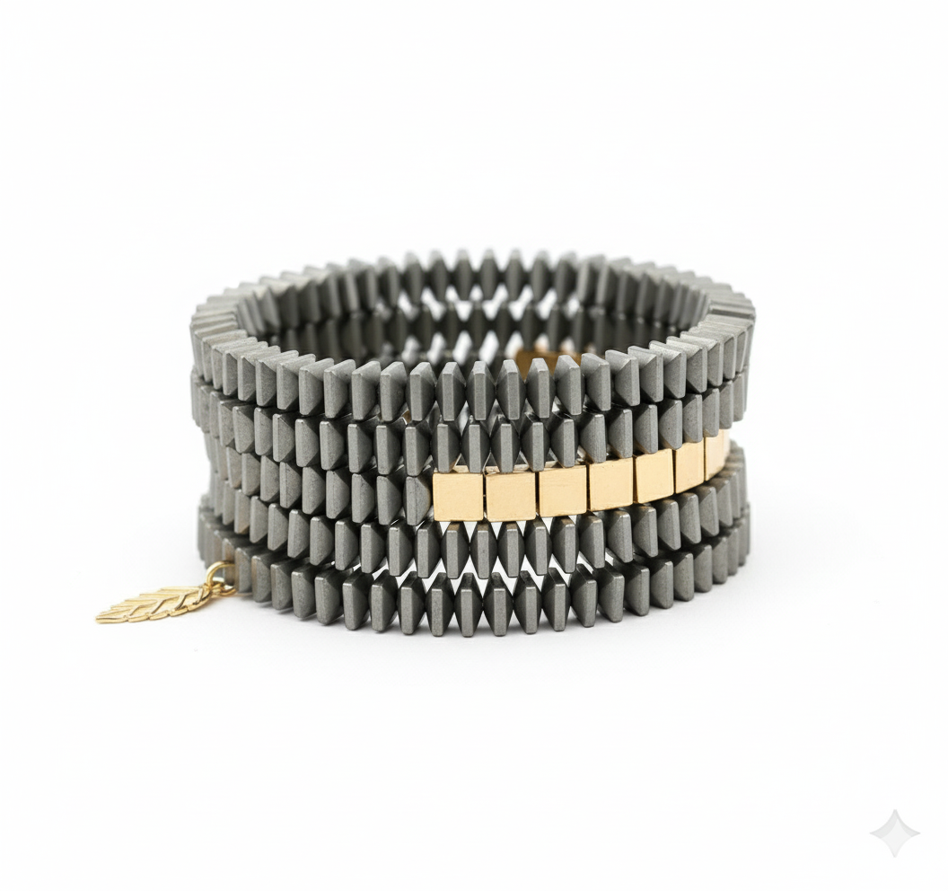 Eclat_Gold_Bracelet a handcrafted 5-strand hematite and brass bracelet made to order in New Jersey. Each piece is unique, reflecting modern elegance and artisan craftsmanship.ZoharasVogue