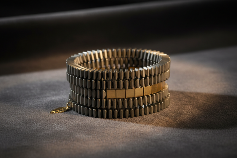 Stack of gold metal spools on a dark surface