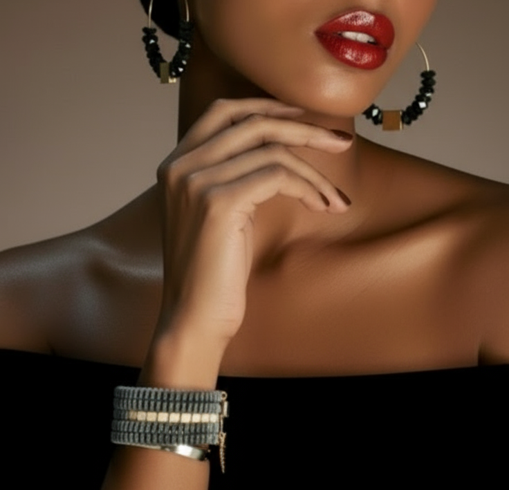 Eclat_Gold_Bracelet a handcrafted 5-strand hematite and brass bracelet made to order in New Jersey. Each piece is unique, reflecting modern elegance and artisan craftsmanship.ZoharasVogue