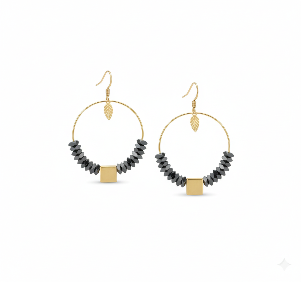 Eclat Gold Hoop Earrings – 1.5-inch handcrafted 18K gold-plated brass hoop earrings with natural hematite stones, artisan handcrafted-made. ZoharasVogue