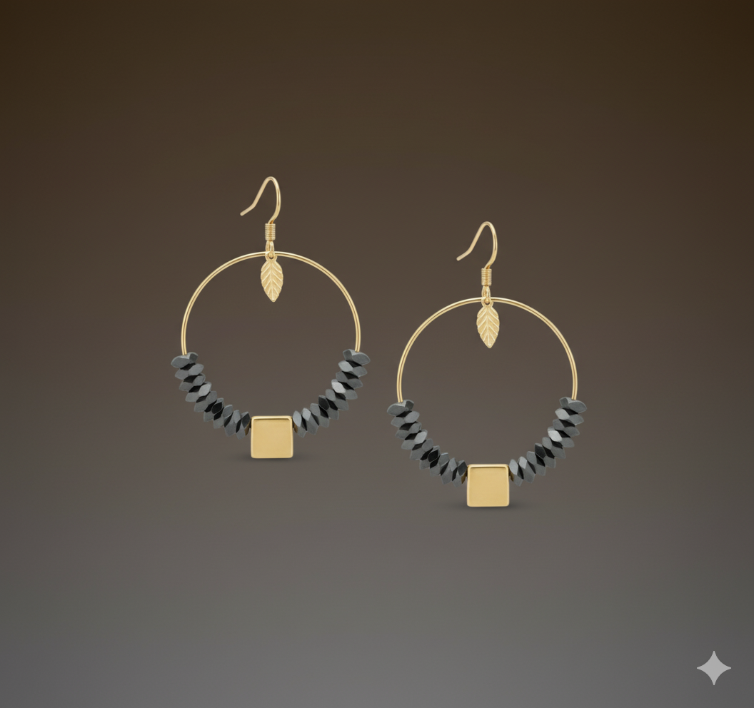 Eclat Gold Hoop Earrings_gold plated, hematite jewelry, artisan earrings, handcrafted jewelry, 18K gold hoops, statement earrings, made in New Jersey, modern jewelry, elegant women’s accessories, minimal luxe style. ZoharasVogue