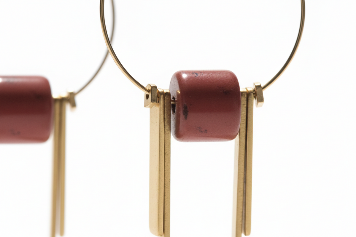Elena Hoops gold earrings with carnelian stone on model - minimalist modern hoop earrings with brass bar drops, handcrafted jewelry by ZoharasVogue