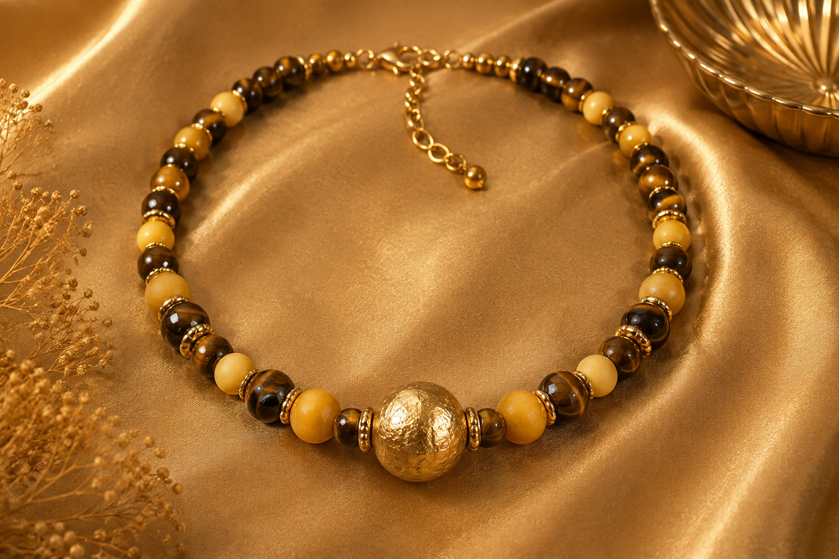 Eye Candy statement necklace with glossy brown and golden-yellow beads, gold-tone spacers and an oversized textured gold focal bead. ZoharasVogue 
