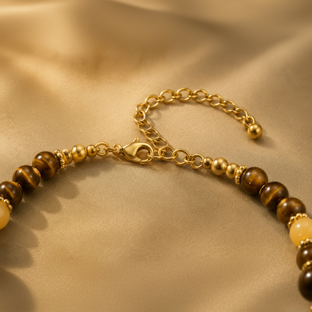 Close-up of the Eye_Candy_statement_necklace_ZoharasVogue_ chain bracelet with round brown tiger's eye beads and a small pale cream bead, resting on a warm beige satin fabric.