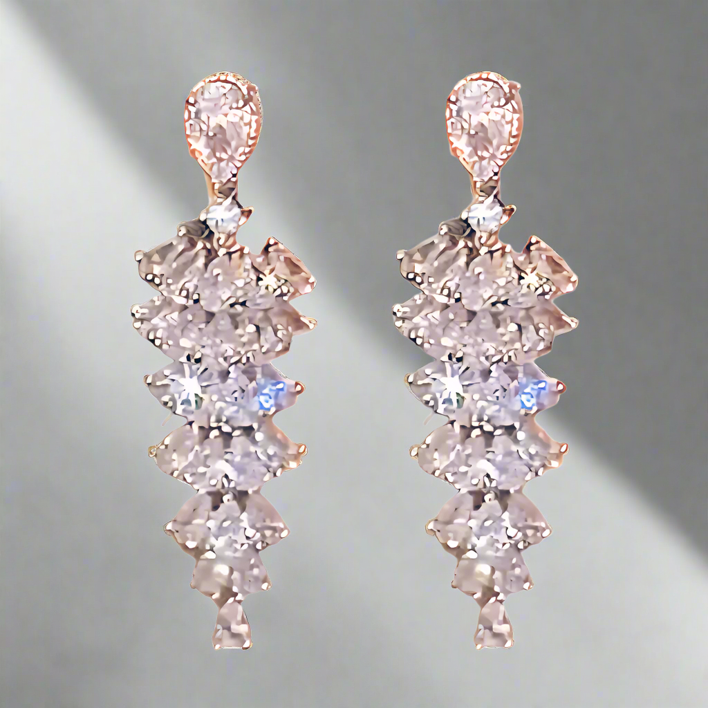 Tiered crystal drop earrings featuring sparkling clear stones in a cascading design, set in silver-tone zinc alloy with a silver post; elegant and bold fashion accessory for women. ZoharasVogue