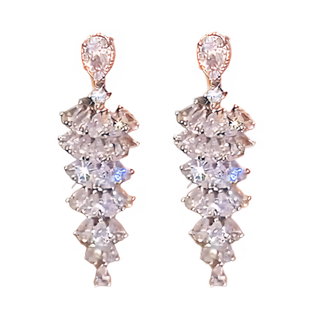 Tiered crystal drop earrings featuring sparkling clear stones in a cascading design, set in silver-tone zinc alloy with a silver post; elegant and bold fashion accessory for women. ZoharasVogue