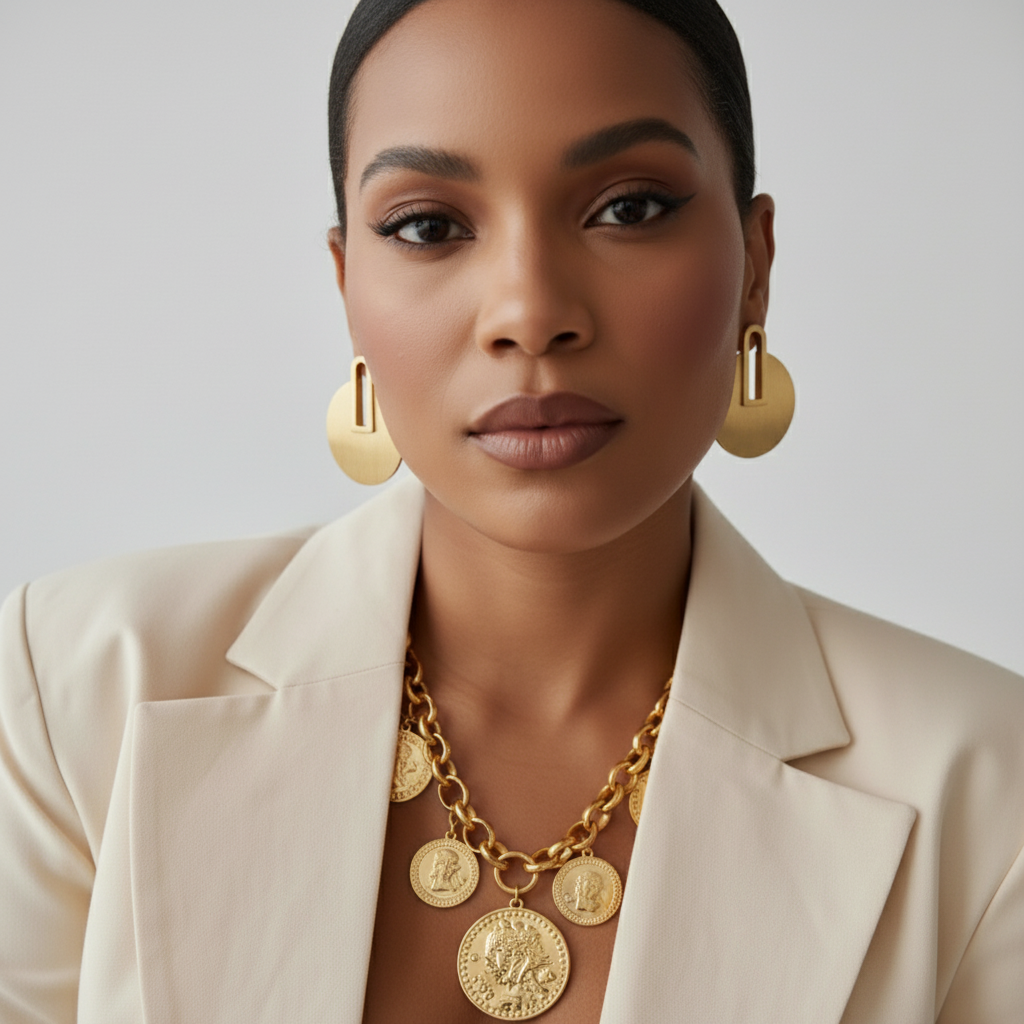 18K gold-plated vintage-inspired disc earrings, 2 x 1.5 inches, with stud backing and polished sculptural finish.