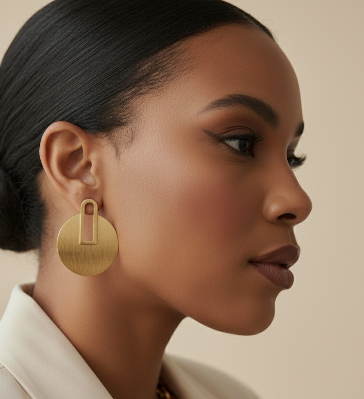 18K gold-plated vintage-inspired disc earrings, 2 x 1.5 inches, with stud backing and polished sculptural finish.