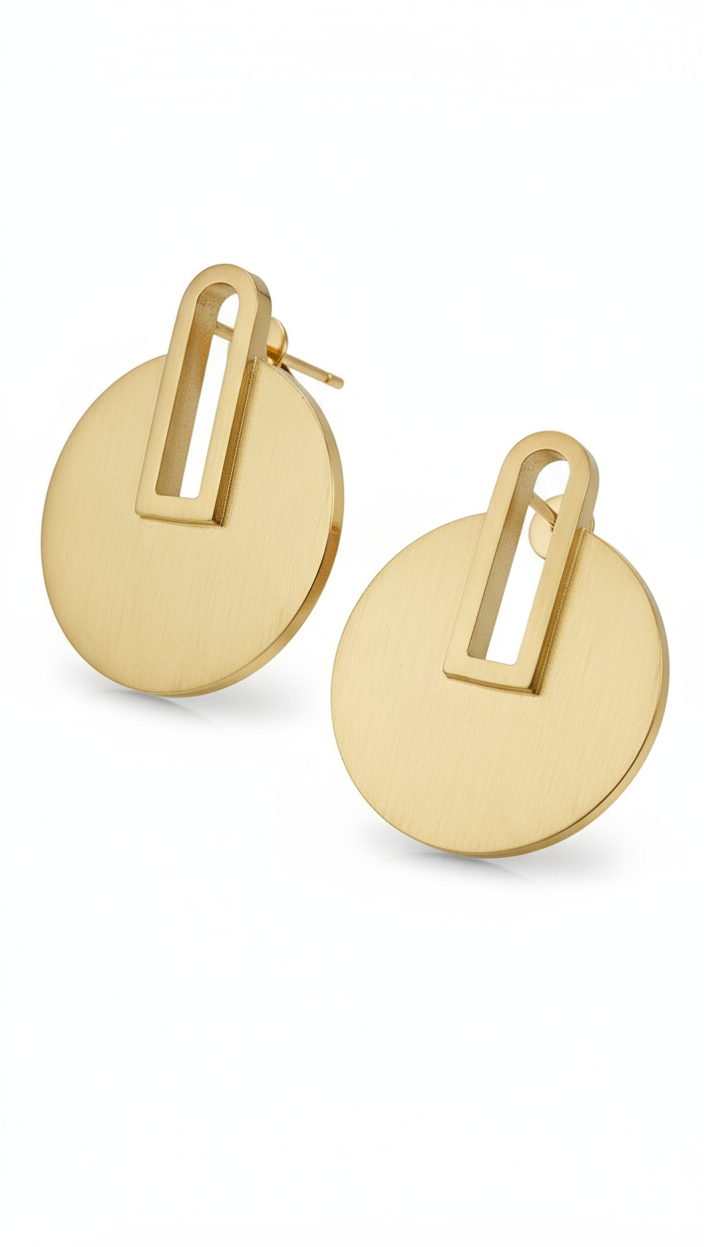 18K gold-plated vintage-inspired disc earrings, 2 x 1.5 inches, with stud backing and polished sculptural finish.