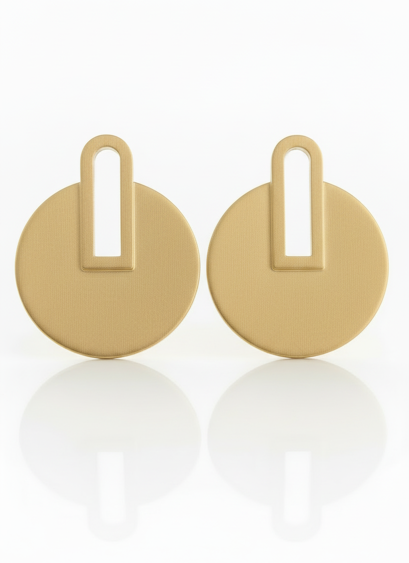 18K gold-plated vintage-inspired disc earrings, 2 x 1.5 inches, with stud backing and polished sculptural finish.