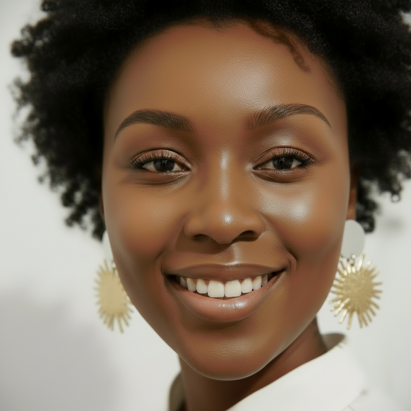 Close-up of a model with a bright smile, wearing large gold earrings against a neutral background