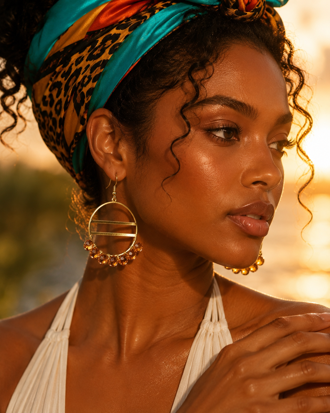Model wearing lightweight Golden Amber Eclipse hoop earrings with amber crystals