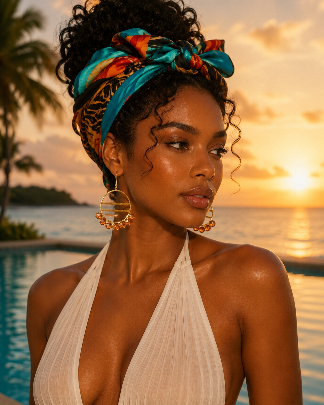 Model wearing Golden Amber Eclipse amber crystal hoop earrings at sunset