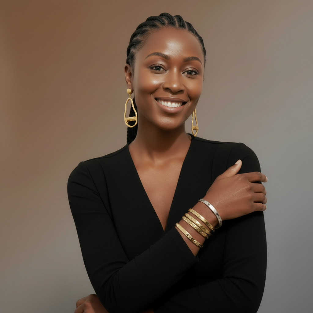 Model wearing a black top with gold jewelry against a brown background