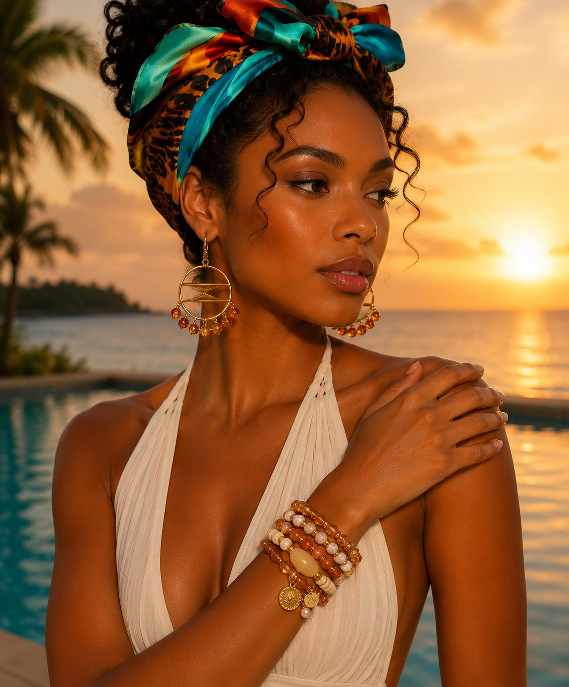 Golden Amber Eclipse hoop earrings styled with the Golden Amber layered bracelet