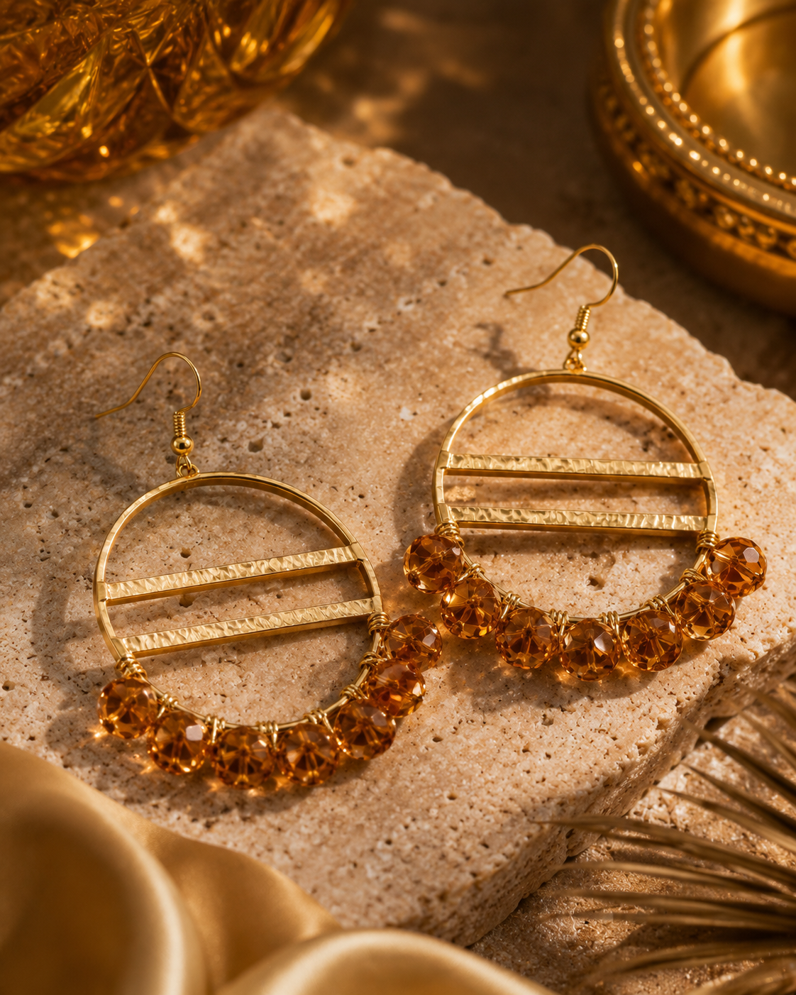 Golden Amber Eclipse statement hoop earrings in 18K gold-plated finish