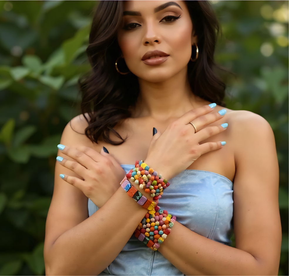 Colorful fabric beaded bracelet with gold accents, handcrafted from repurposed Kantha textiles. Zoharas Vogue