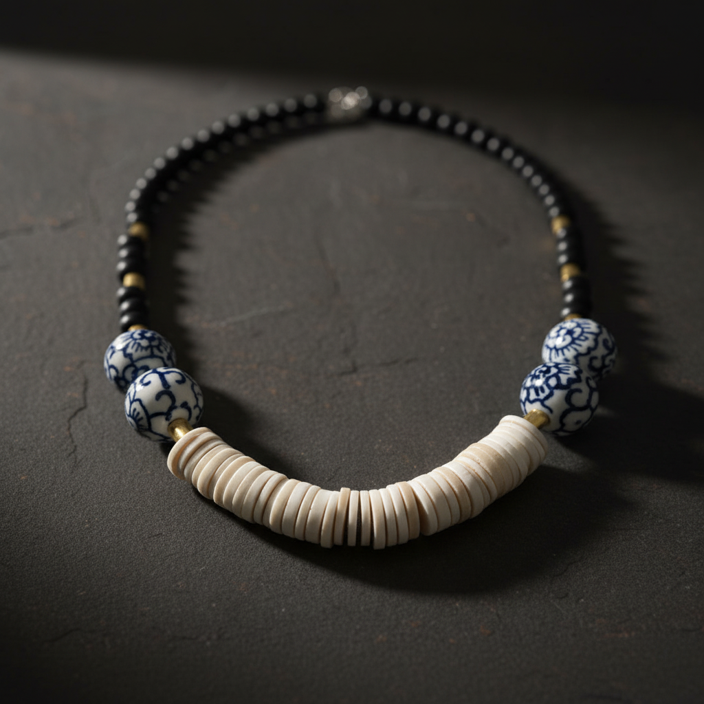 A beaded necklace with a curved row of cream-colored disc beads, flanked by blue and white patterned beads and a black beaded section, displayed on a dark textured surface.