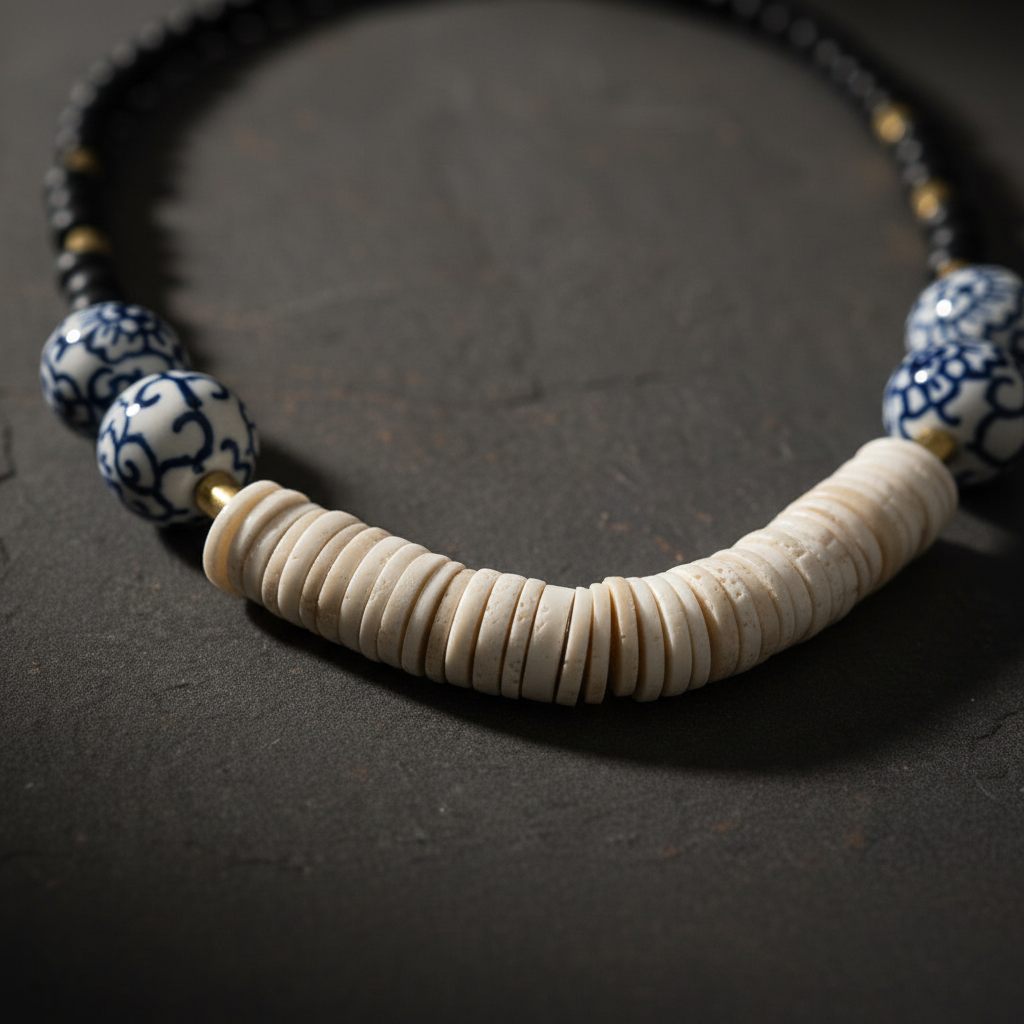 A beaded necklace featuring a prominent curved row of cream-colored disc beads in the center, flanked by two blue and white patterned beads, and a black beaded section at the top, displayed on a dark textured slate surface. ZoharasVogue 