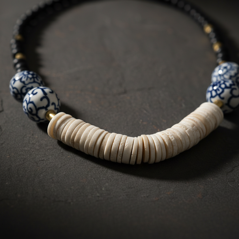Indigo Haven Necklace, black and blue patterned beads with ivory disc centerpiece