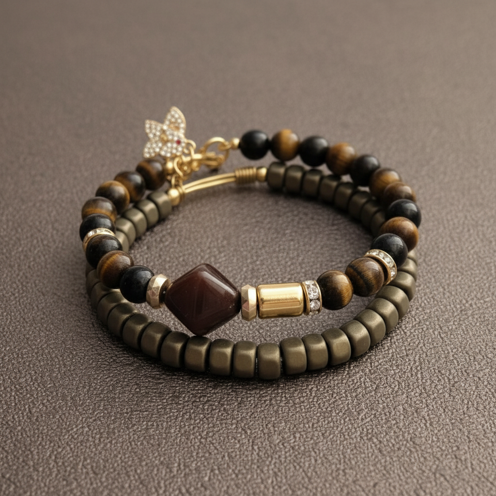 Two-strand bracelet featuring one strand of tiger eye agate beads with gold connectors and one strand of sage hematite disc beads, finished with an 18k gold-plated mini elephant charm. ZoharasVogue