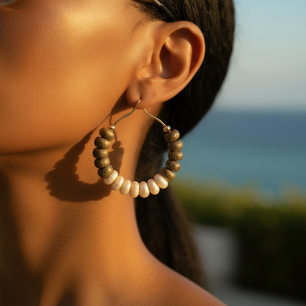 18k gold hoop earrings, cowrie shell hoops, hematite bead earrings, sage green jewelry, medium hoop earrings, statement hoops, Caribbean jewelry, boho gold earrings, coastal earrings, artisan hoop earrings, natural shell jewelry, modern bohemian hoops, gold plated earrings. ZoharasVogue