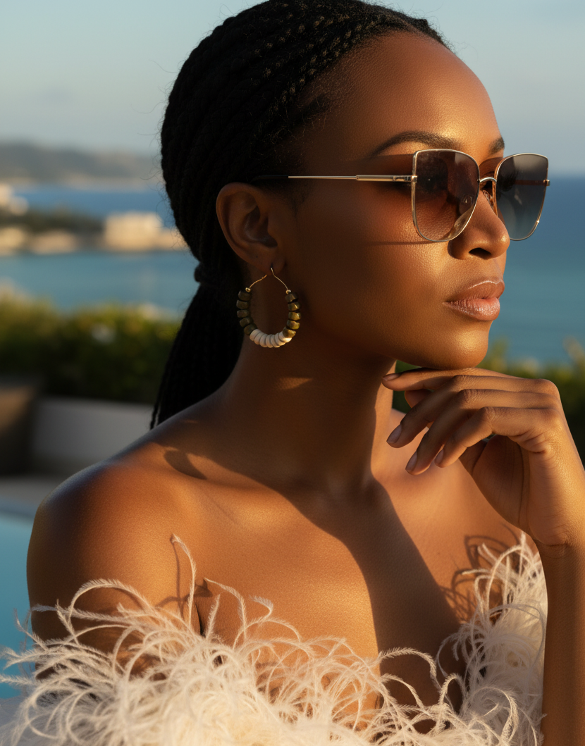 18k gold hoop earrings, cowrie shell hoops, hematite bead earrings, sage green jewelry, medium hoop earrings, statement hoops, Caribbean jewelry, boho gold earrings, coastal earrings, artisan hoop earrings, natural shell jewelry, modern bohemian hoops, gold plated earrings. ZoharasVogue