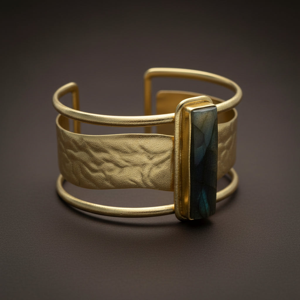 Gold bracelet with a black stone on a white background ZoharasVogue