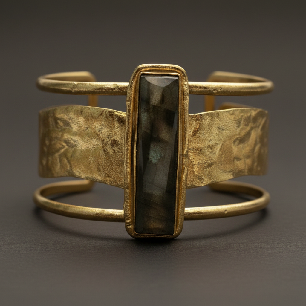 Gold cuff bracelet with a central black stone on a white background