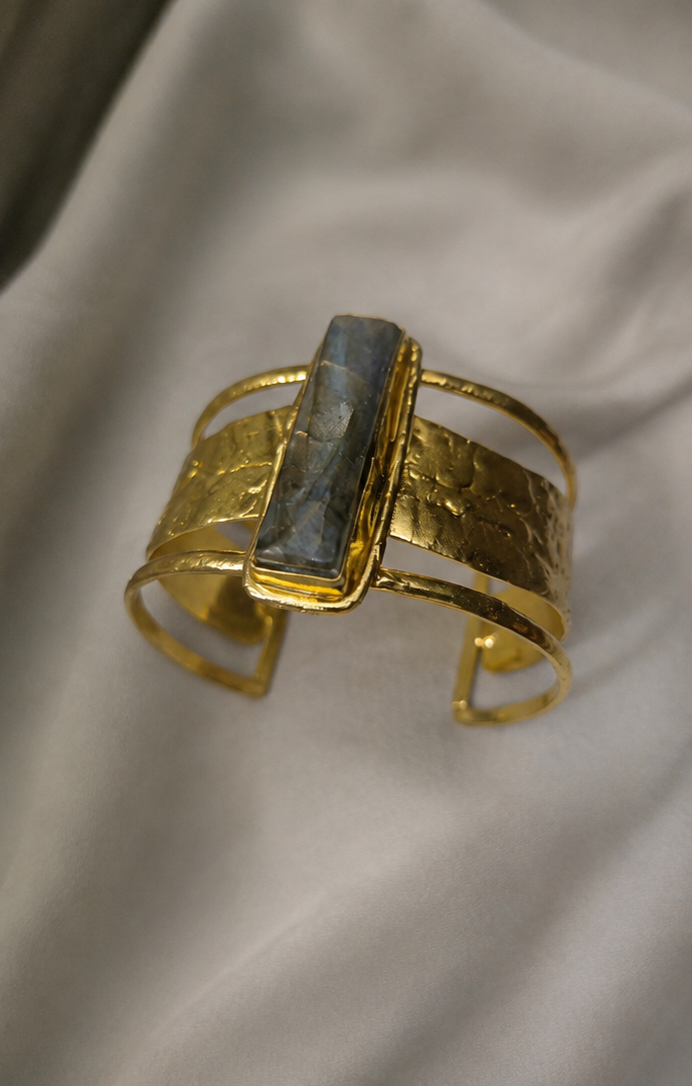 Labradorite Gold Cuff Bracelet on a central stone on a beige fabric background_ZoharasVogue 