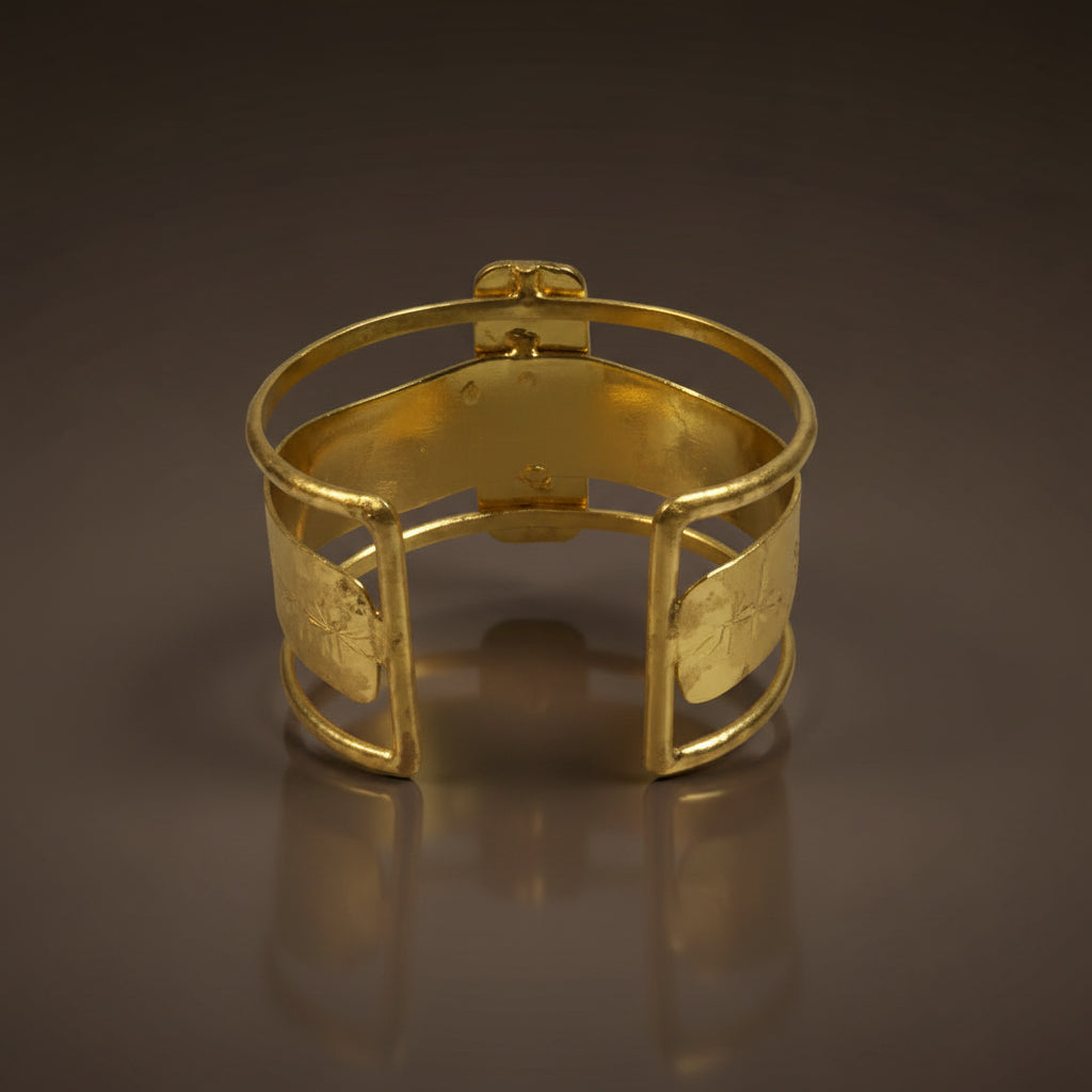 Gold metal Labradorite Gold Cuff Bracelet on a white background by ZoharasVogue