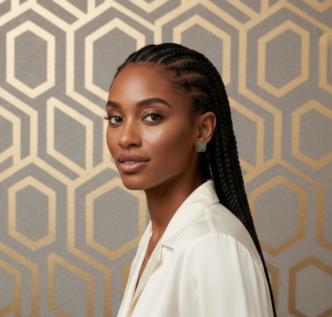 Close-up of a woman with braided hair wearing earrings against a neutral background