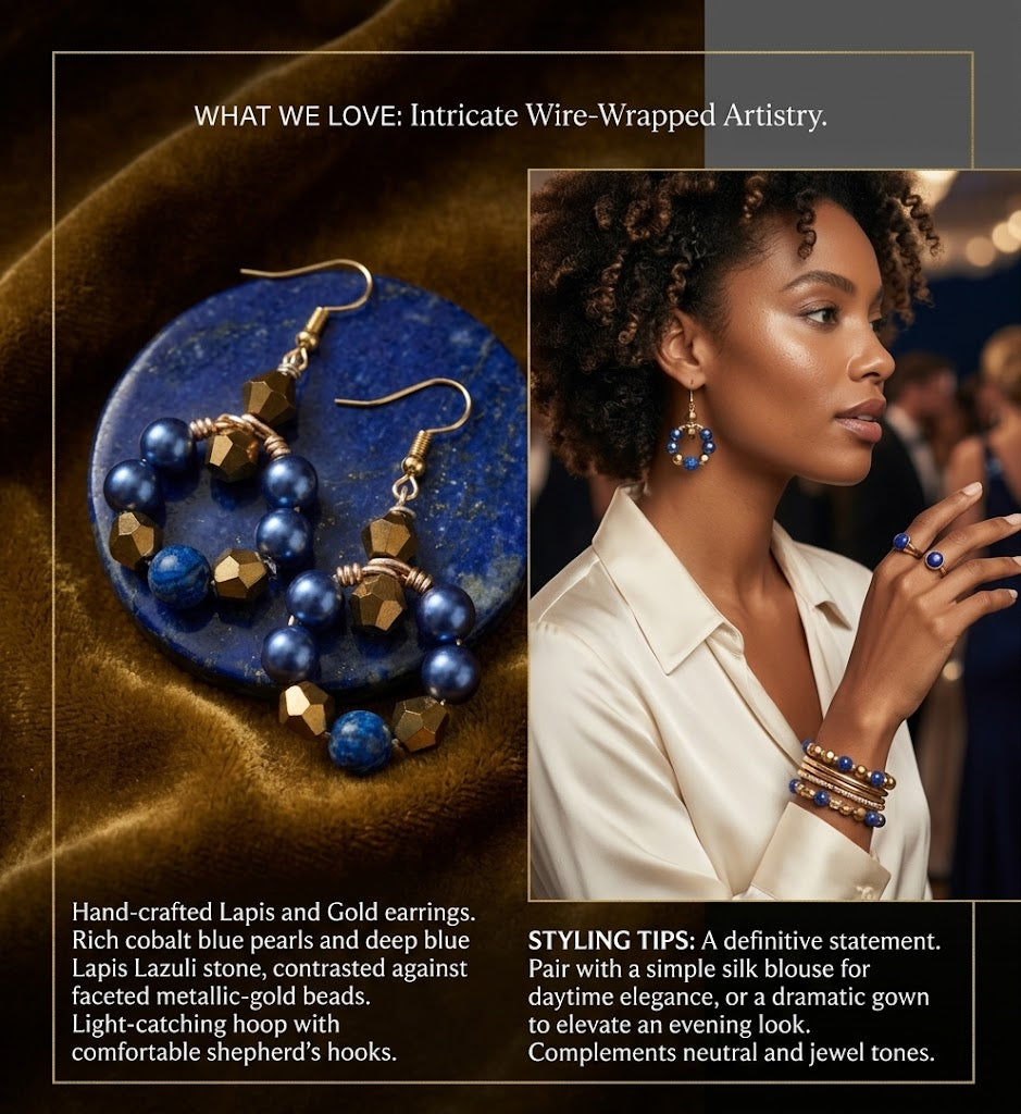 Handcrafted Lapis Lazuli and Gold earrings with a woman wearing them, set against a dark background.