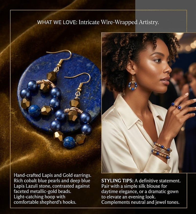 Handcrafted Lapis Lazuli and Gold earrings with a woman wearing them, set against a dark background.