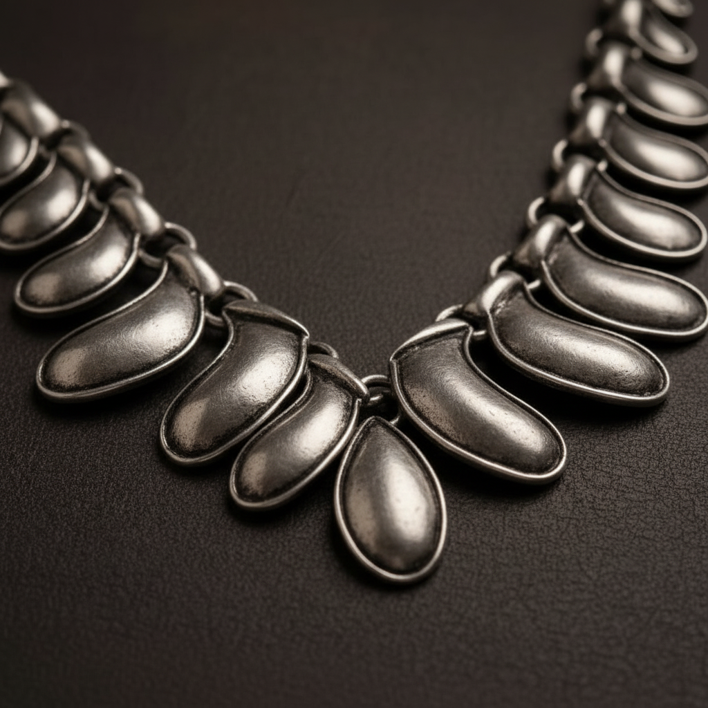 Liquud Metal Necklace silver necklace on a dark textured surface by ZoharasVogue 