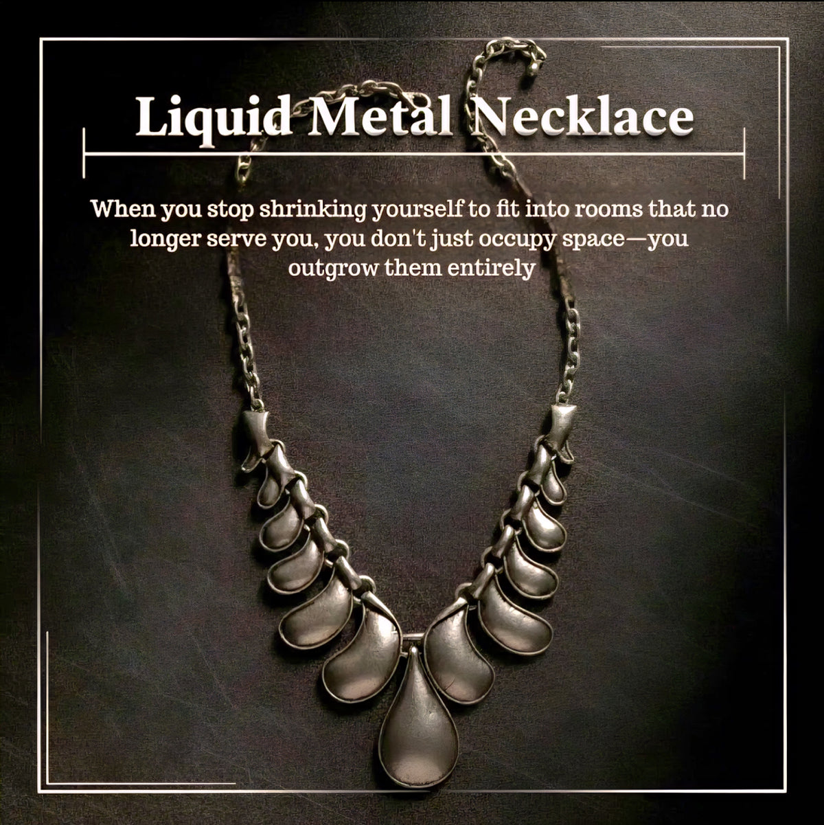 Liquid Metal Drop Necklace on a dark background with text overlay