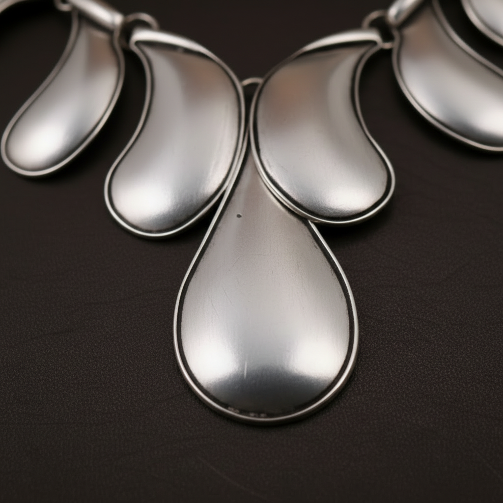 Liquid Metal Necklace with silver teardrop-shaped necklace on a dark background