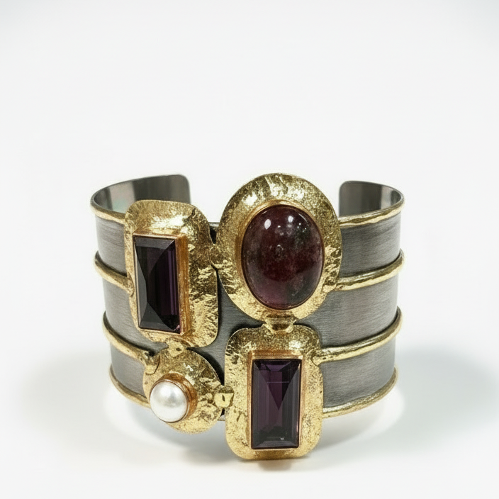 Handcrafted wide cuff bracelet with dark rectangular gemstones, pearl accents, and bold gold-tone detailing.