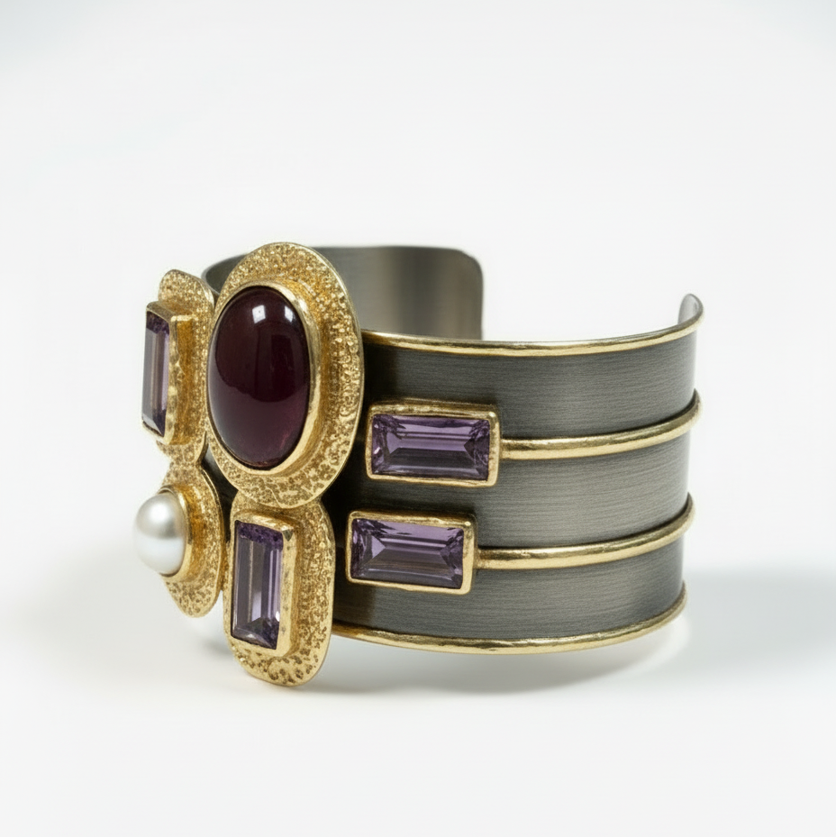 Elegant bracelet with gold accents, purple gemstones, and a pearl on a white background