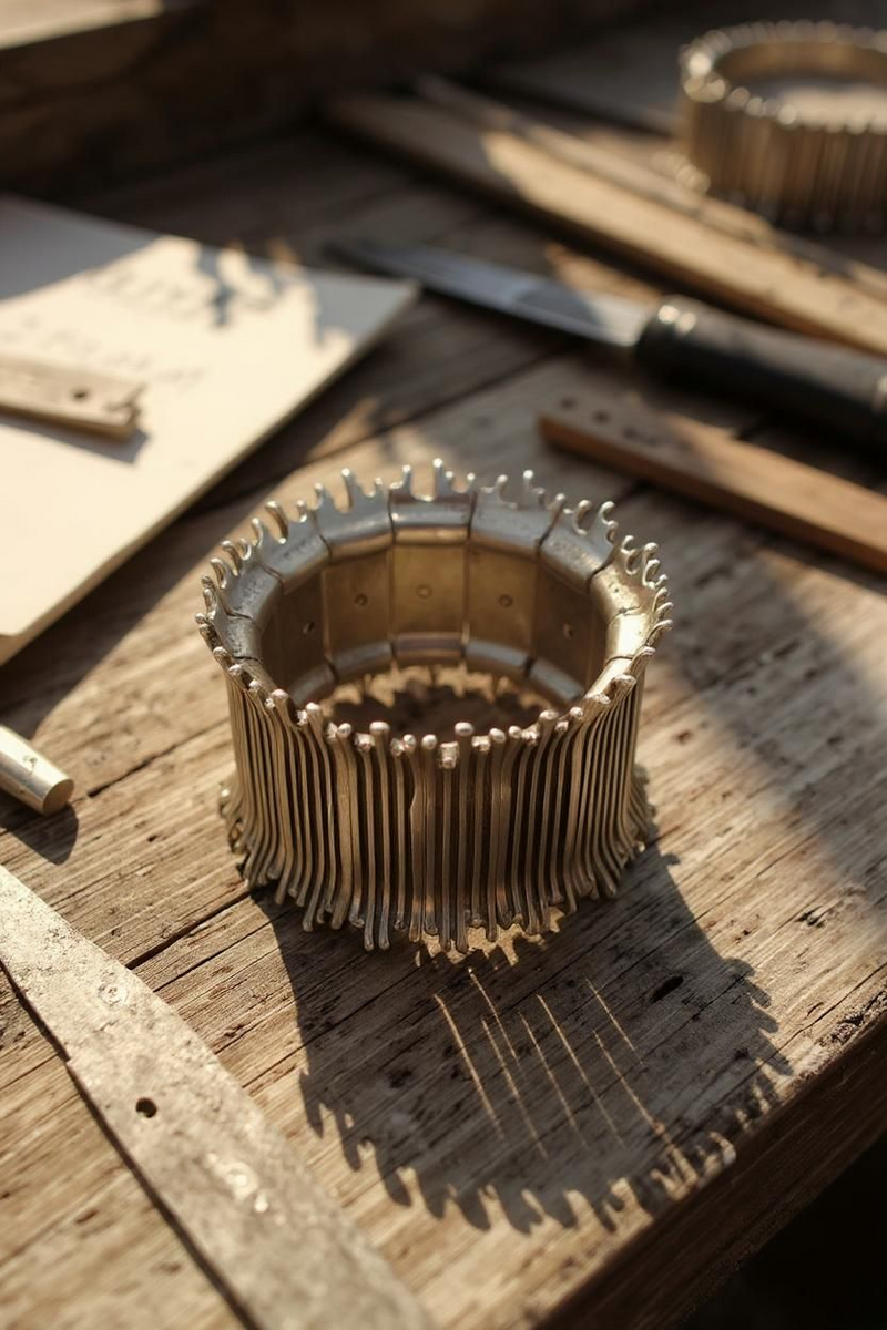 The Lyra Crown Cuff silver-plated extra wide stretch cuff bracelet with sculpted vertical rod design and crown-style rim